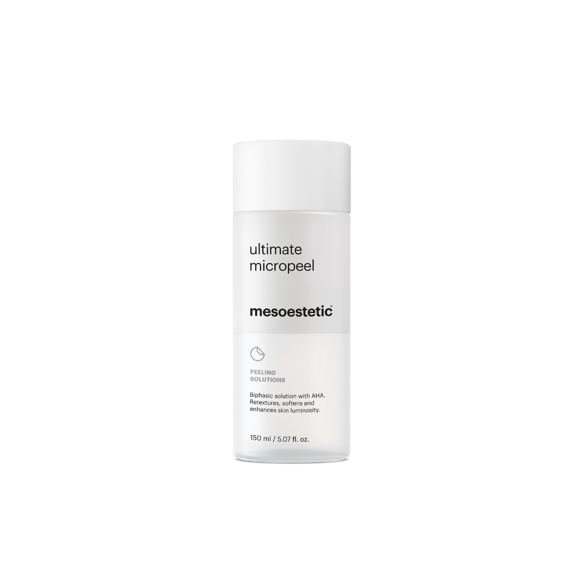 Mesoestetic Ultimate Micropeel 150ml: White pump bottle with minimalistic design containing enzymatic micro-exfoliating solution; retextures, softens, and enhances skin luminosity.