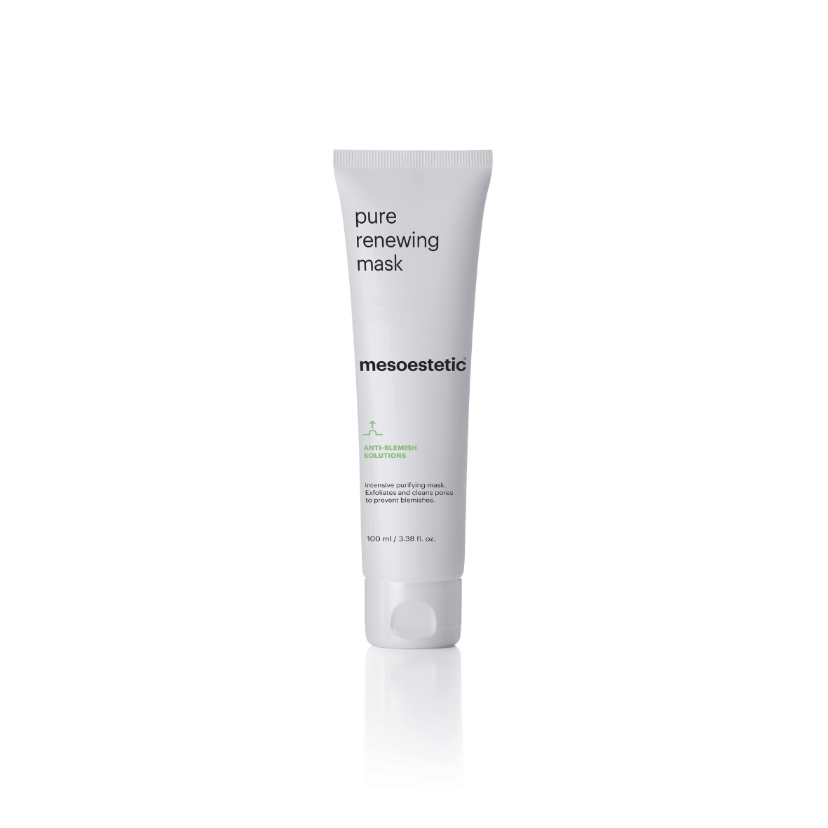 Mesoestetic Pure Renewing Mask 100ml: White tube with green text; anti-blemish solutions, exfoliating and purifying mask.