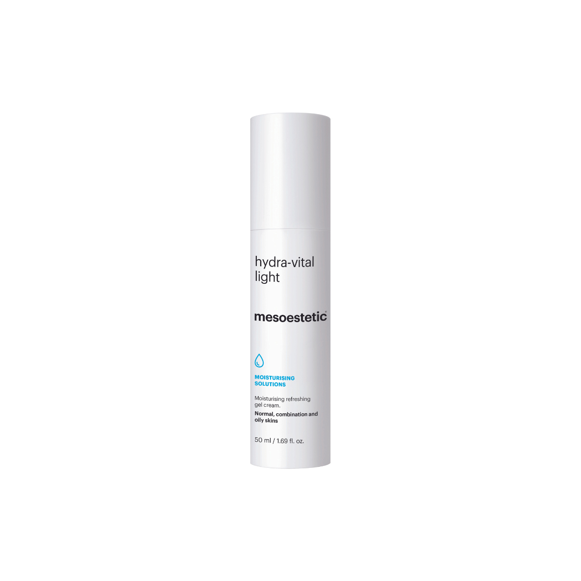 Mesoestetic Hydra-Vital Light, 50ml white cylindrical bottle with blue branding; moisturising refreshing gel cream. For normal. combination and oily skin.