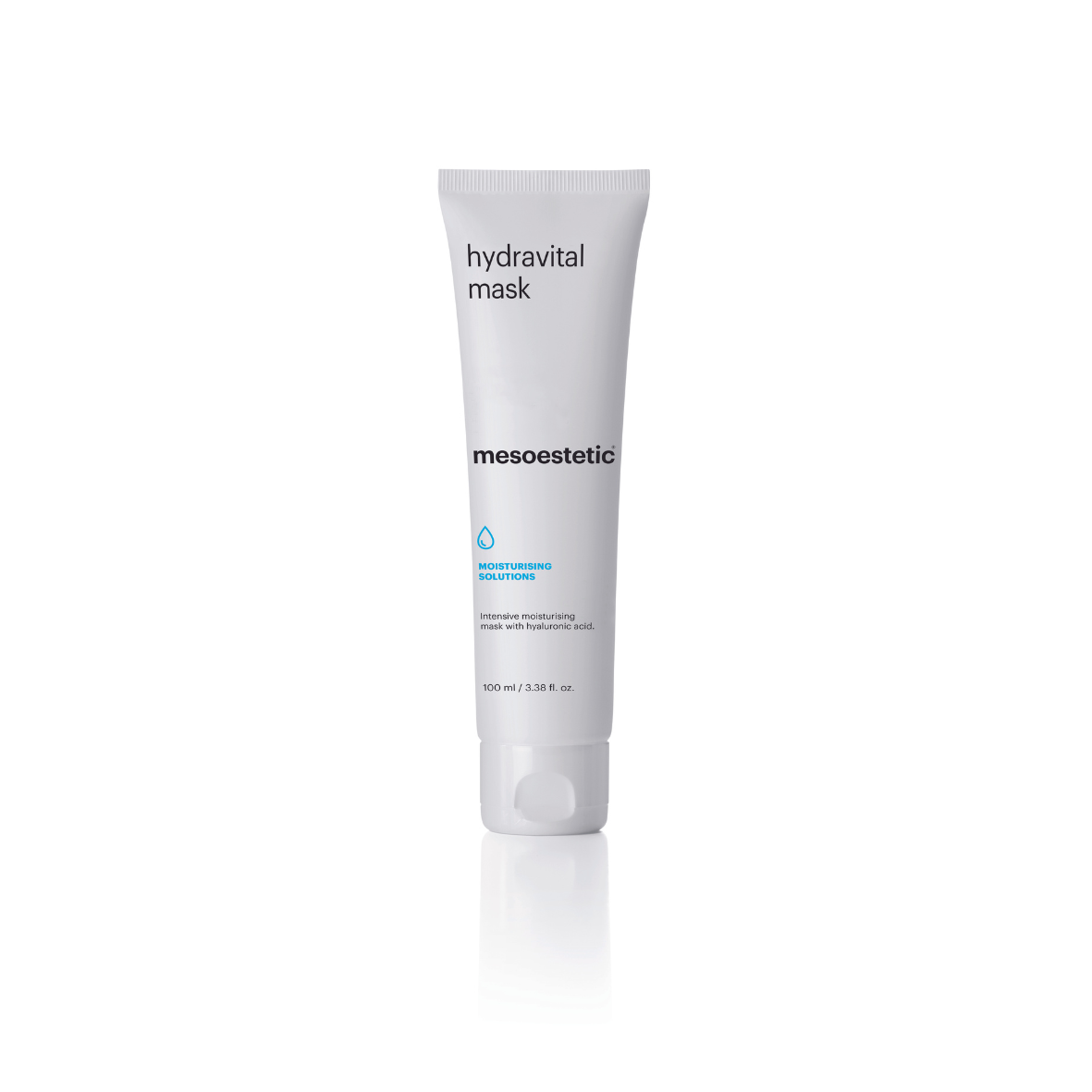 Mesoestetic Hydravital Mask, 100ml sleek white tube with blue accents; intensive moisturising mask with hyaluronic acid.