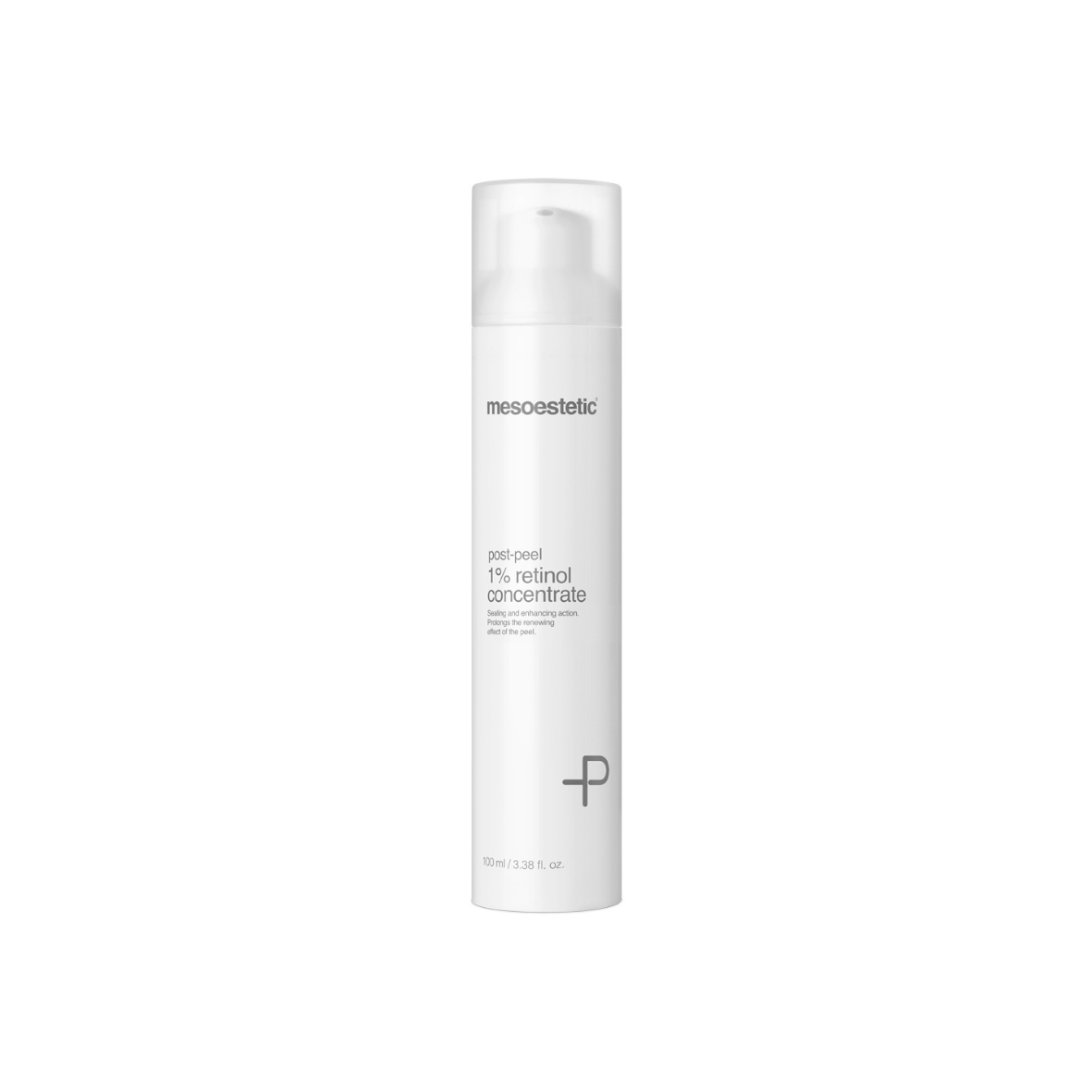 Mesoestetic Post-Peel 1% Retinol Concentrate 100ml: White cylindrical bottle with pump dispenser, retinol concentrate.