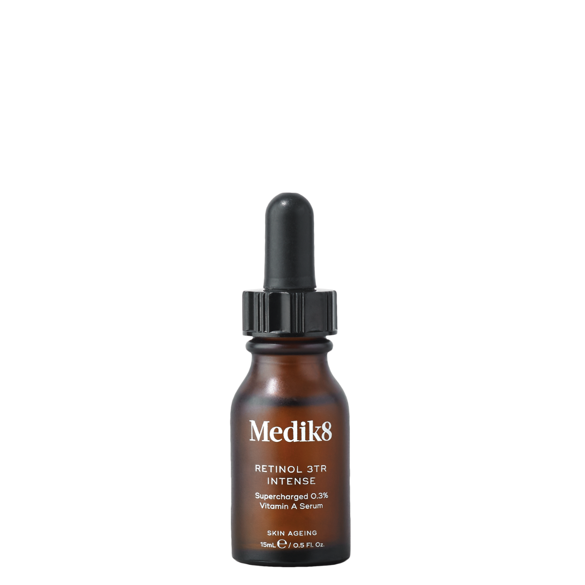 Medik8 Retinol 3TR Intense in a 15ml amber dropper bottle with black cap; advanced vitamin A serum.