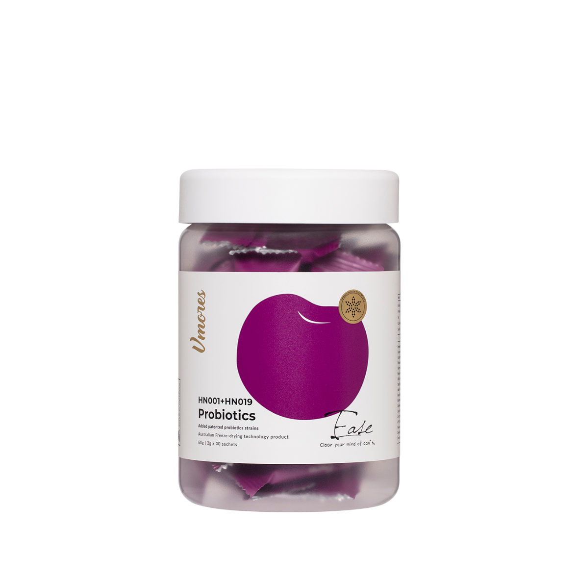 Ease HN001+HN019 Probiotics 60g (2g x 30) (VMORES)
VMORES Ease Probiotics, 60g box containing 30 individual  deep plum-colored 2g sachets.