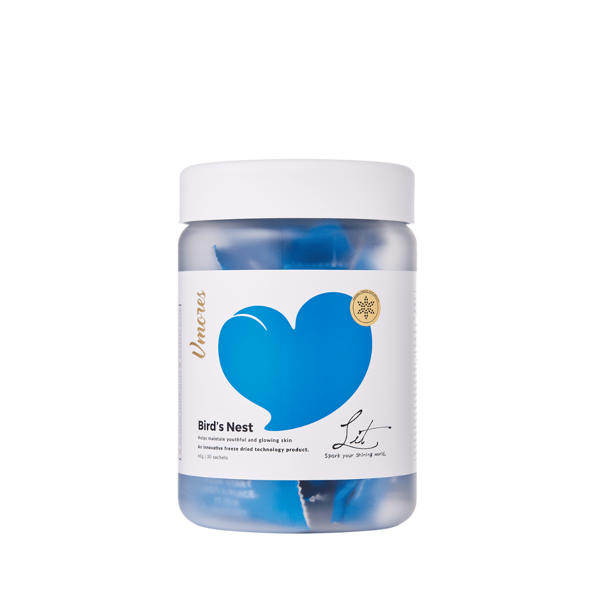 Vmores Lit Bird's Nest, 60g frosted jar containing 30 individually packed supplement in a blue sachet.
