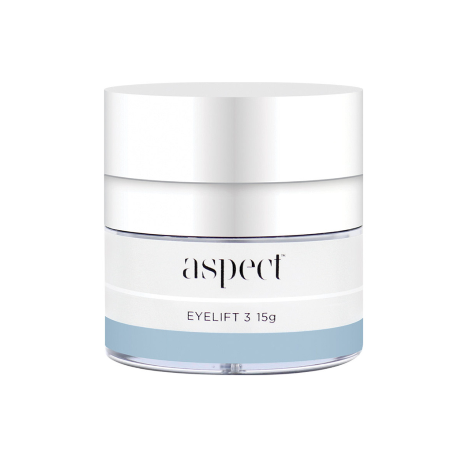 Aspect Eyelift 3, 15g slim white cosmetic jar with silver twist-off cap.
