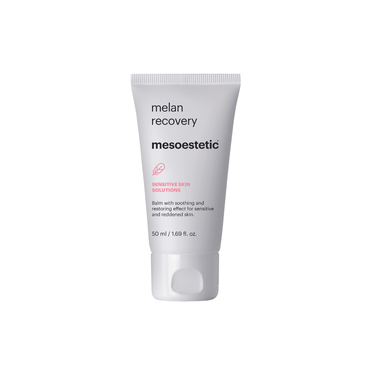 Mesoestetic Melan Recovery, 50ml white tube with pink accents; balm with soothing and restoring effect for sensitive and reddened skin.
