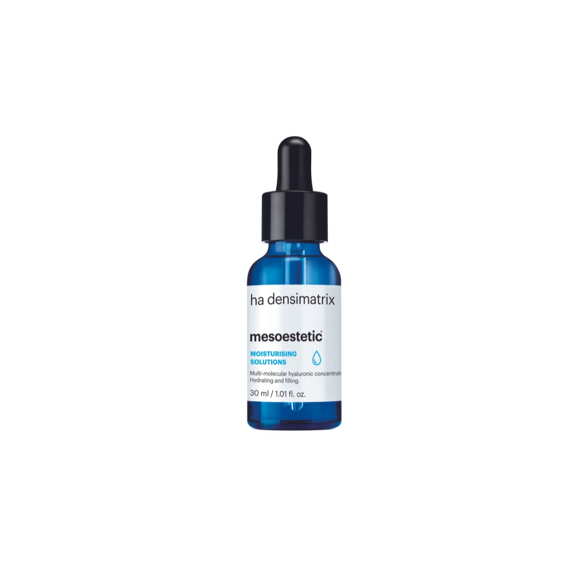 Mesoestetic HA Desimatrix, 30ml blue tinted dropper bottle with a black  cap, hyaluronic acid serum.