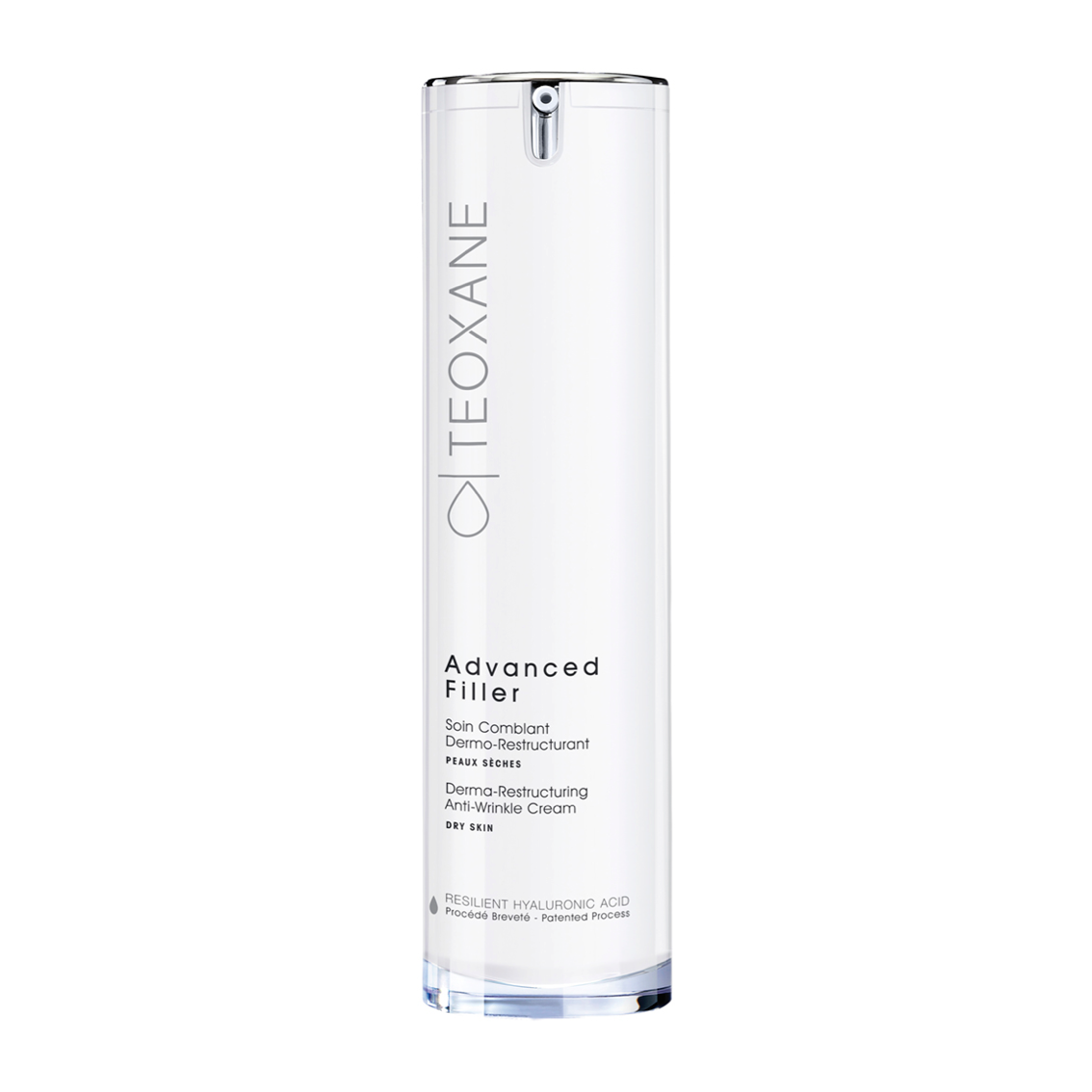 Teoxane Advanced Filler Dry Skin 50ml: Teoxane Advanced Filler for dry skin, derma-restructuring anti-wrinkle cream, 50ml sleek white airless pump bottle with silver accents, enriched with hyaluronic acid and Resilient Hyaluronic Acid® for hydration.