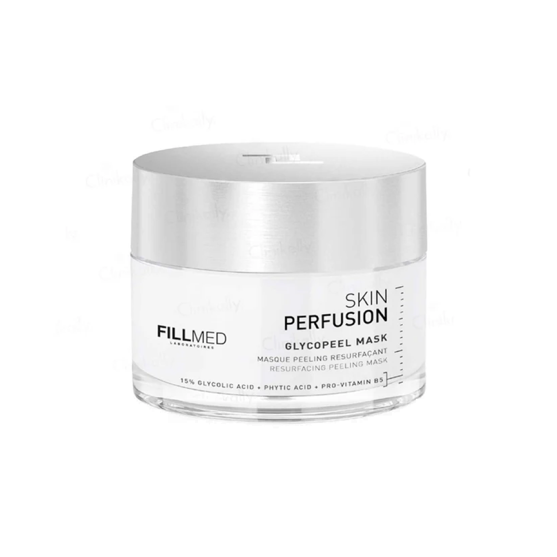 Fillmed Glycopeel Mask, 50ml silver transparent jar with a metallic silver lid, exfoliating peel mask.
