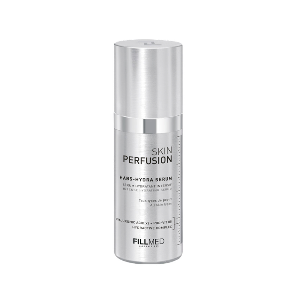 Fillmed HAB5-Hydra Serum, 30ml cylindrical, silver metallic bottle with  pump dispenser, intensive hydrating serum.