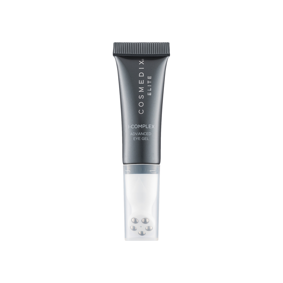 Cosmedix Elite I-Complex Advanced Eye Gel is packaged in a sleek, dark gray 10 ml tube featuring a metallic finish, with an innovative metal rollerball applicator.