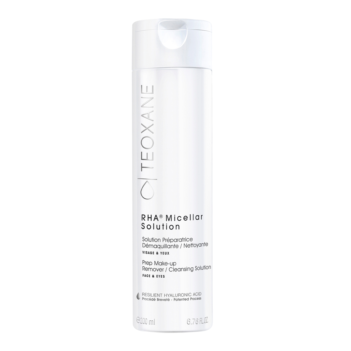 Teoxane RHA Micellar Solution 200ml: Clear bottle with white cap, cleansing micellar water.