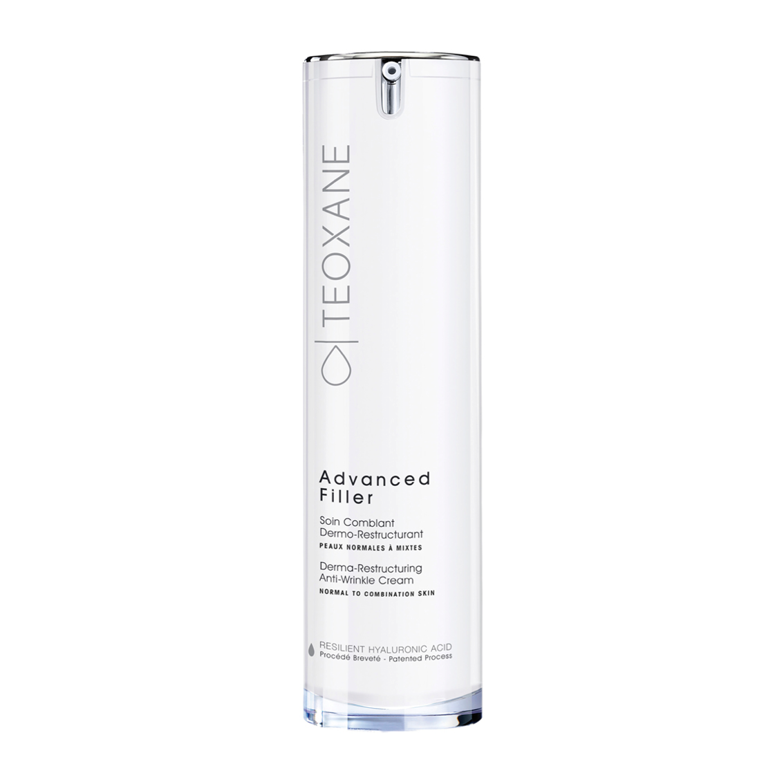 Teoxane Advanced Filler Normal to Combination Skin 50ml: Teoxane Advanced Filler for normal to combination skin, Derma-Restructuring Anti Wrinkle Cream, 50ml white airless pump bottle featuring silver highlights, formulated with hyaluronic acid for balanced hydration.