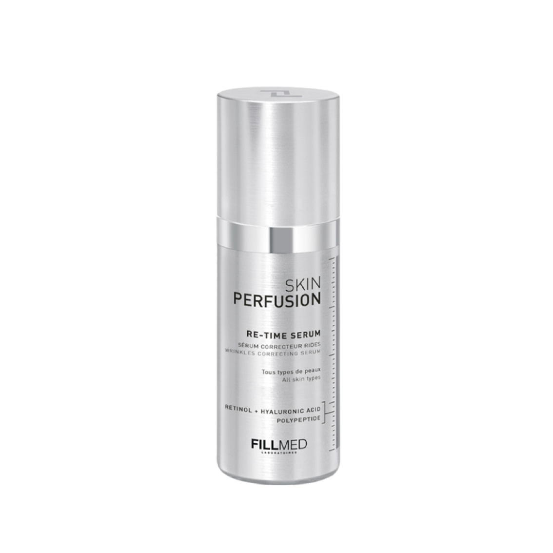 Fillmed Re-Time Serum 30ml: silver bottle with silver pump, anti-ageing serum.