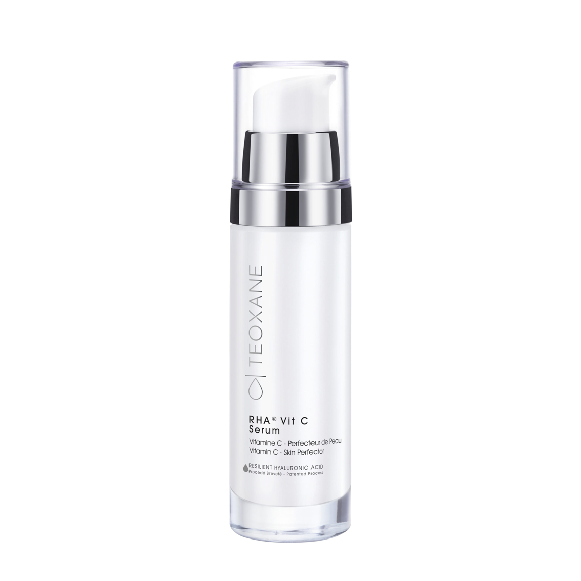 Teoxane RHA Vit C Serum 30ml: Clear glass bottle with silver pump and clear cap, vitamin C serum.