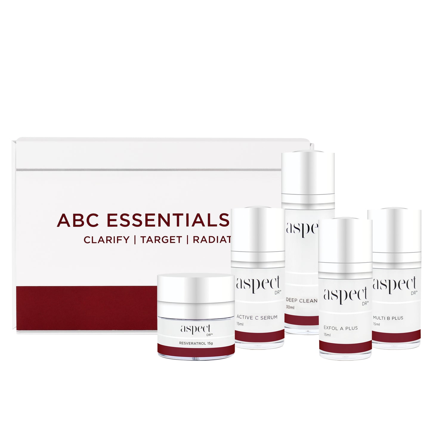 The Aspect Dr ABC Essentials Kit includes five travel-sized products—Deep Clean (30ml), Multi B Plus (15ml), Active C Serum (15ml), Exfol A Plus (15ml), and Resveratrol Moisturising Cream (15g). The products come in clear and amber glass bottles, a white plastic tube, and a silver-lidded jar, designed for easy, on-the-go skincare. The kit is housed in a compact box.