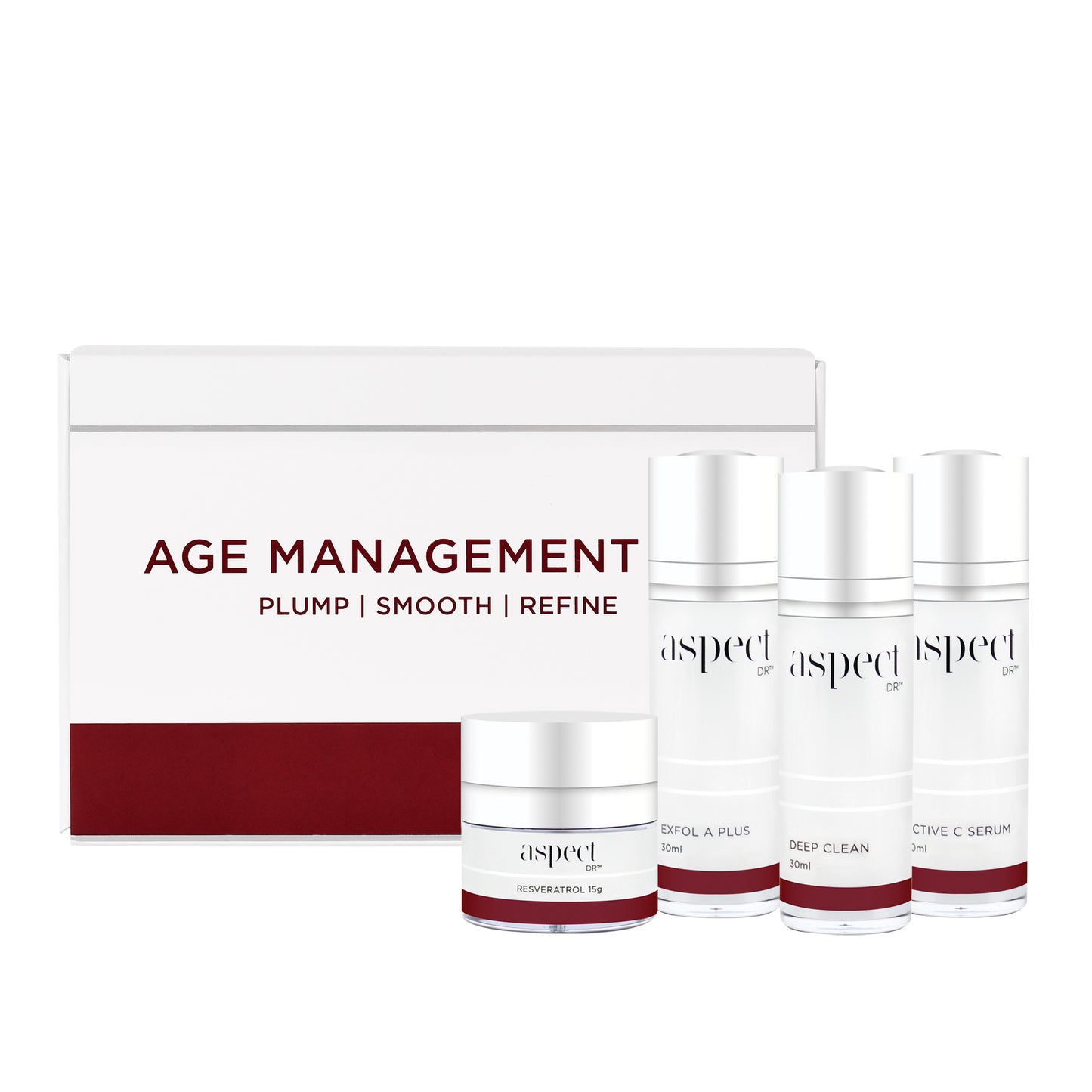 Aspect Dr Age Management Kit, packaged in a professional white box, includes Deep Clean 30ml,Active C Serum 30ml, Exfol A Plus 30ml, Resveratrol Moisturising Cream 15g.