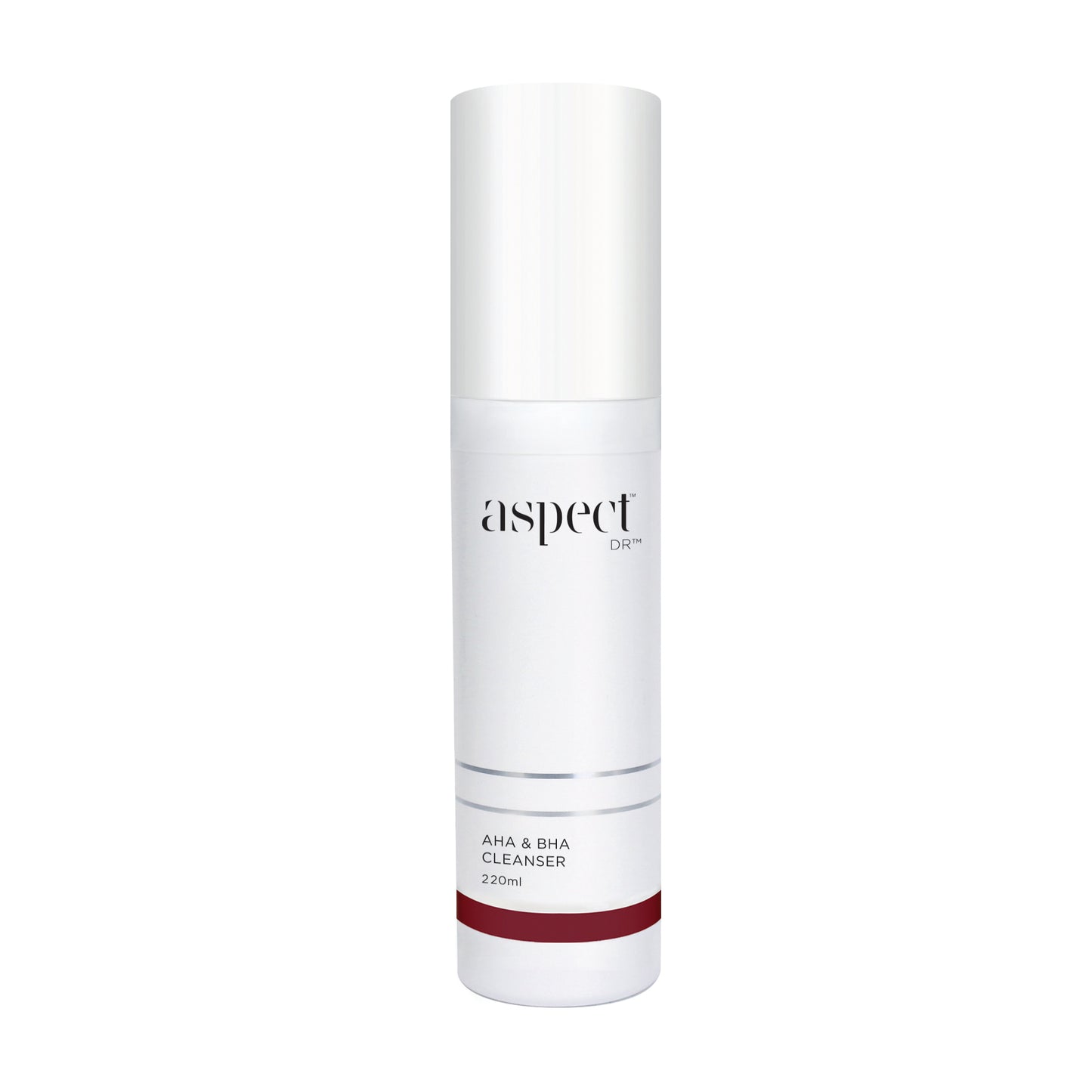 Aspect Dr AHA & BHA Cleanser, 220ml clear cylindrical pump bottle with burgundy detailing, facial cleanser for refreshed skin.