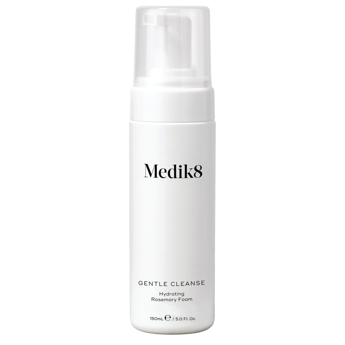 Medik8 Gentle Cleanse, 150ml white pump bottle with clear cap,  hydrating rosemary foam.