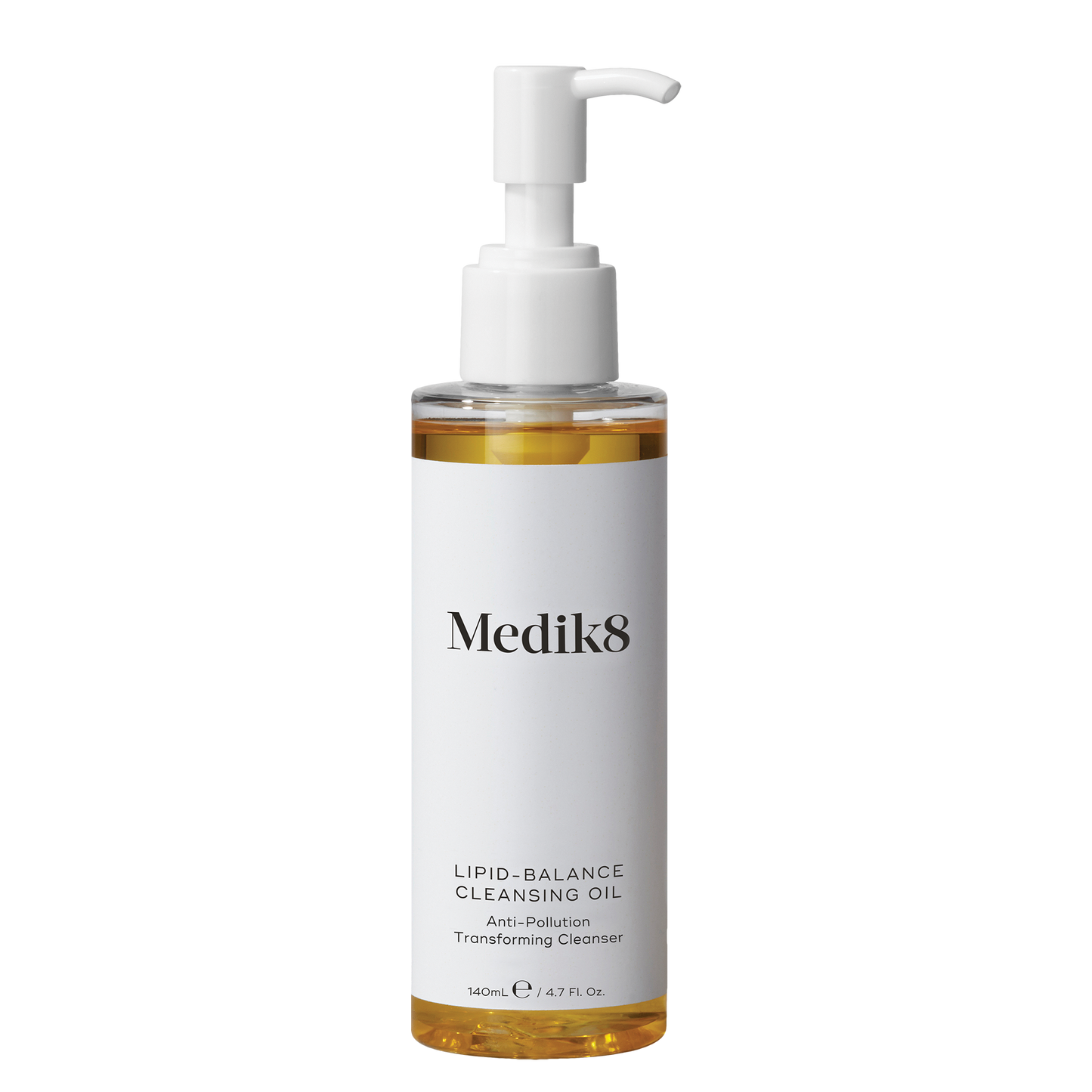 Medik8 Lipid-Balance Cleansing Oil, 140ml clear pump bottle with orange-tinted liquid; Anti-pollution, transforming cleanser.