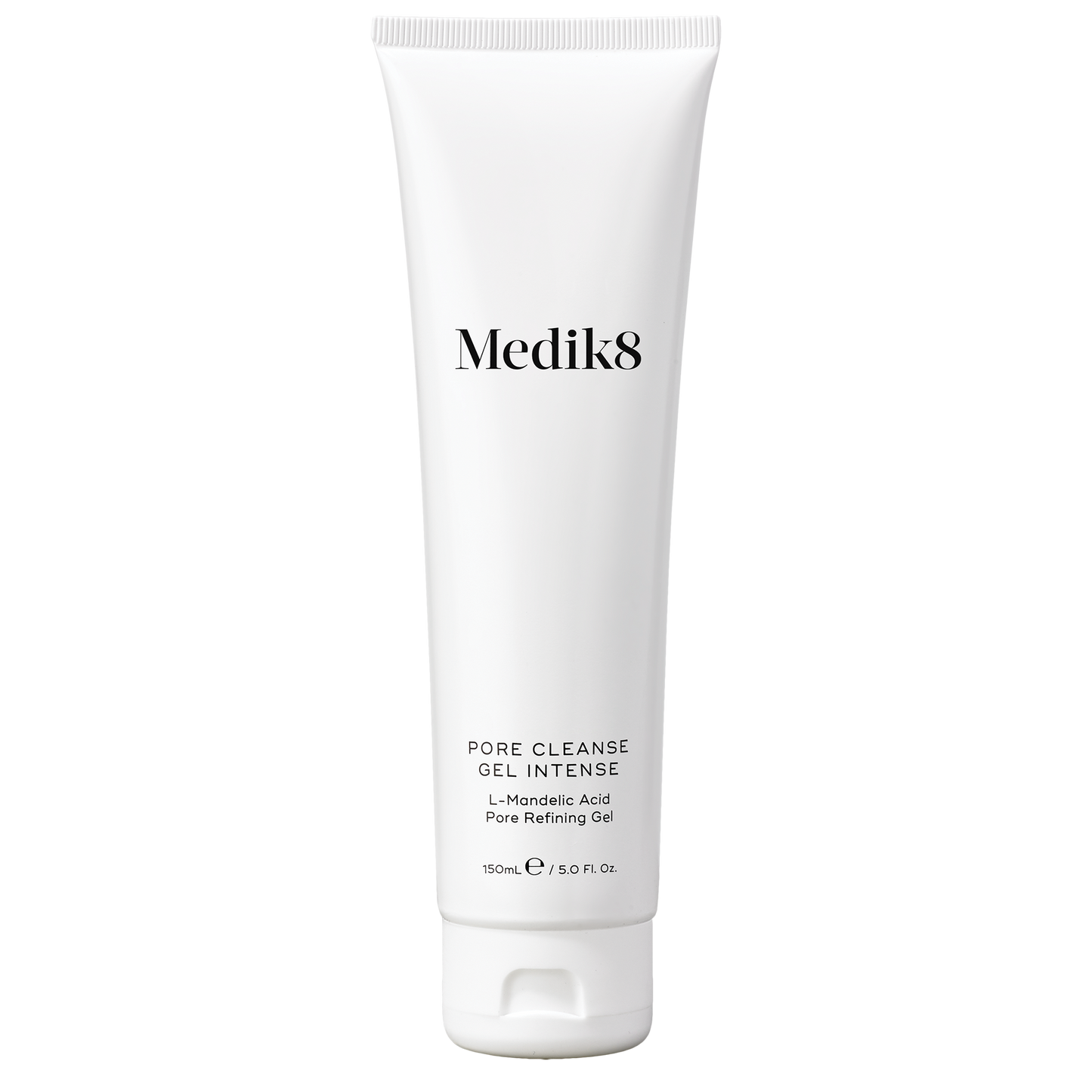 Medik8 Pore Cleanse Gel Intense 150ml: White squeeze tube with black text; L-Mandelic Acid, Pore Refining Gel