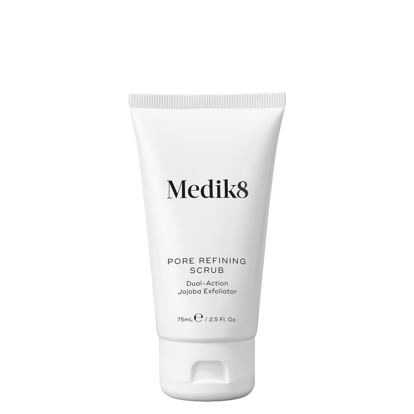 Medik8 Pore Refining Scrub 75ml: White squeeze tube with black text; Dual-Action, Jojoba Exfoliator
