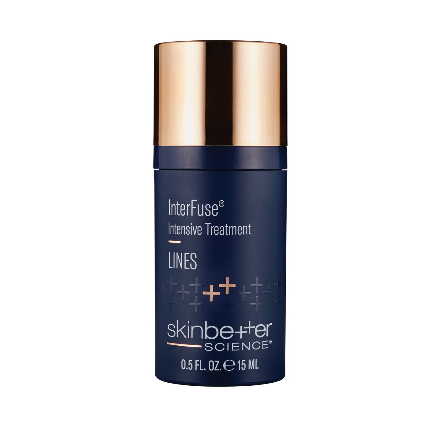 Skinbetter Science Interfuse Intensive Treatment Lines, 15ml deep navy airless pump bottle, with gold-colored cap.