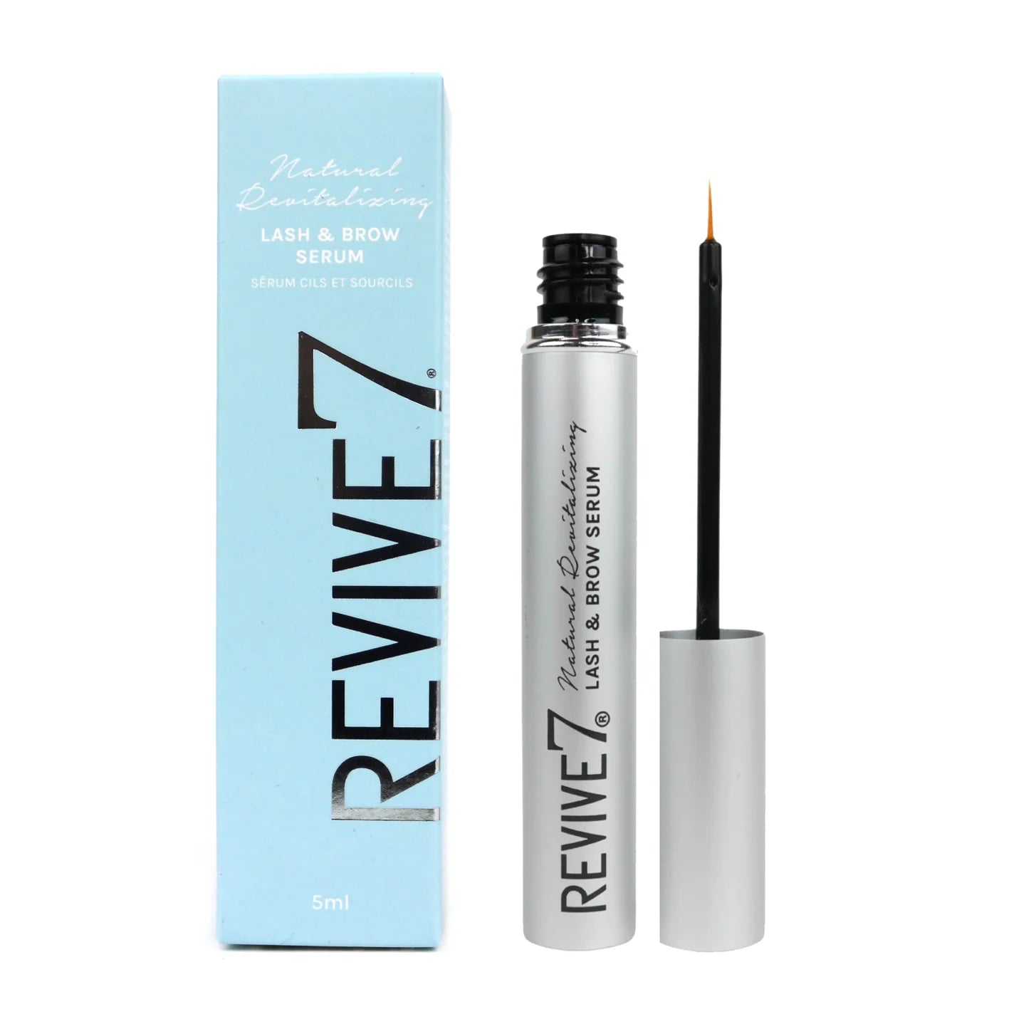 Revive7 Revitalising Lash Serum 5ml: Slim silver tube with brush applicator, lash-enhancing plant-based serum.