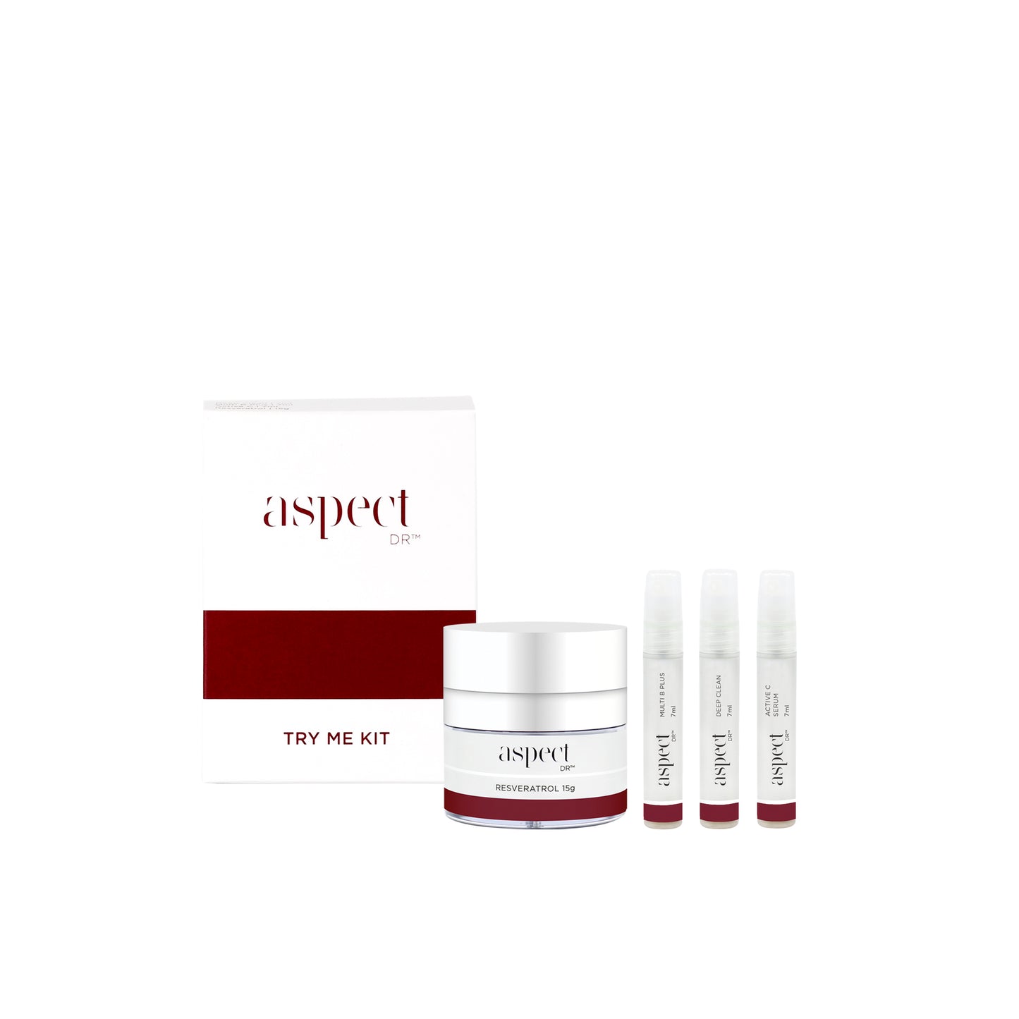 Aspect Dr Try Me Kit: Compact white box with deep red accent contains Deep Clean (7ml), Multi B Plus (7ml), Active C Serum (7ml), and Resveratrol Moisturising Cream (15g); Ideal for introducing Aspect Dr's skincare range.