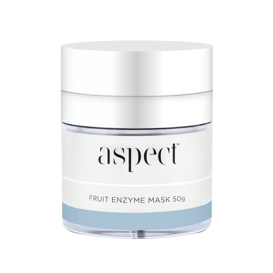 Aspect Fruit Enzyme Mask, 50g compact white jar with a silver lid, enzymatic exfoliating mask.