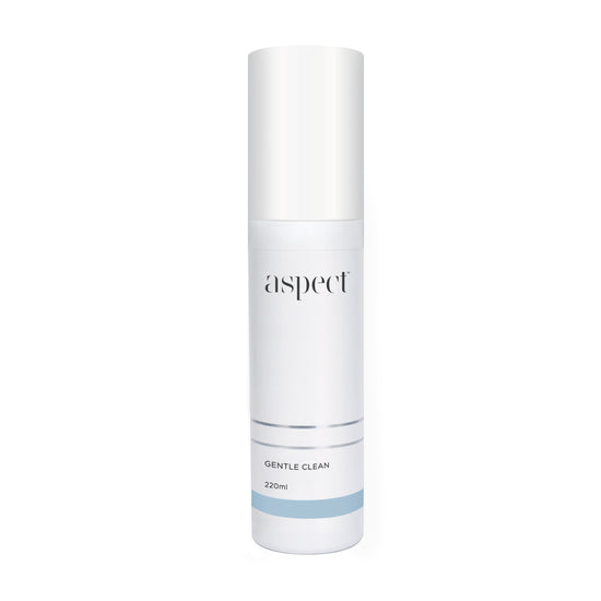 Aspect Gentle Clean, 220ml tall white pump bottle with light blue branding.