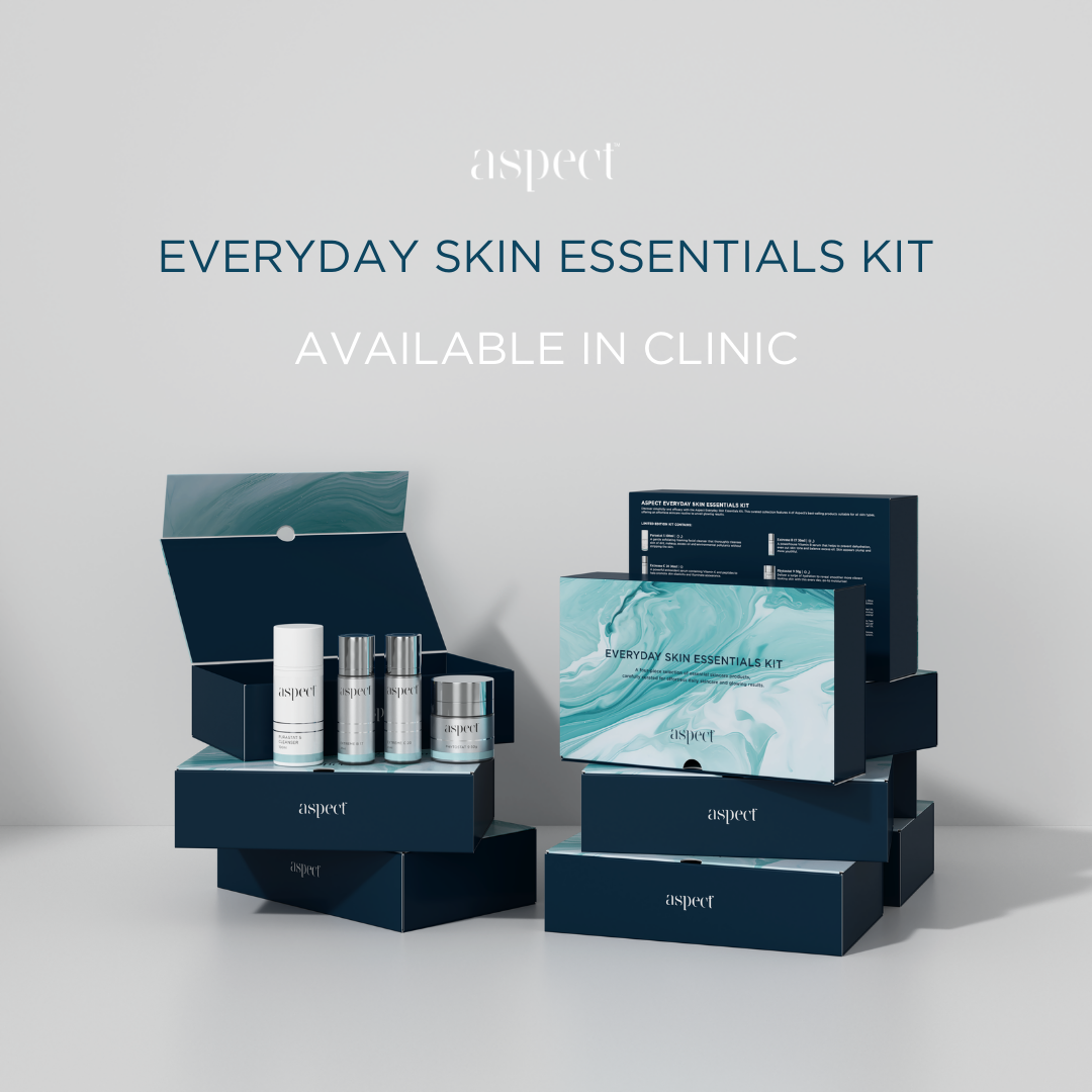 Aspect everyday skin essentials kit with individual products stacker display