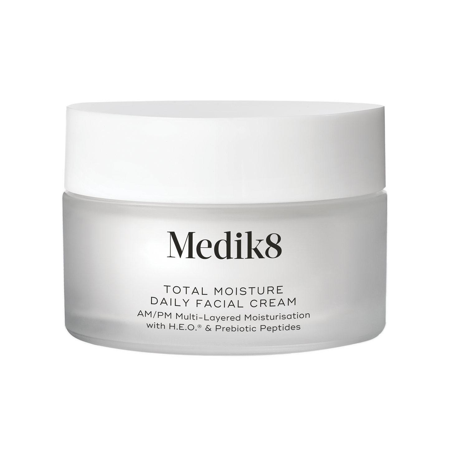 Medik8 Total Moisture Daily Facial Cream 50ml: White jar with white lid containing lightweight daily moisturiser; With H.E.O and Prebiotic Peptides