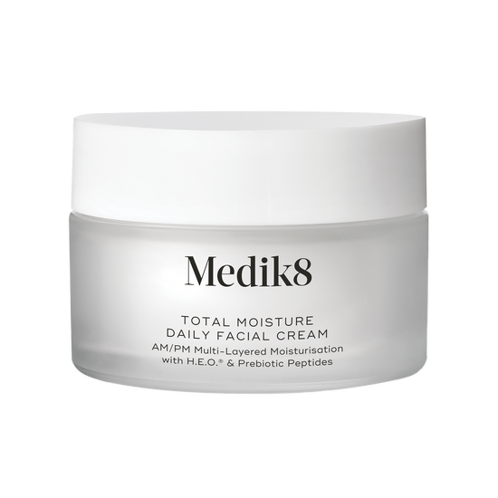 Medik8 Total Moisture Daily Facial Cream 50ml: White jar with white lid containing lightweight daily moisturiser; With H.E.O and Prebiotic Peptides