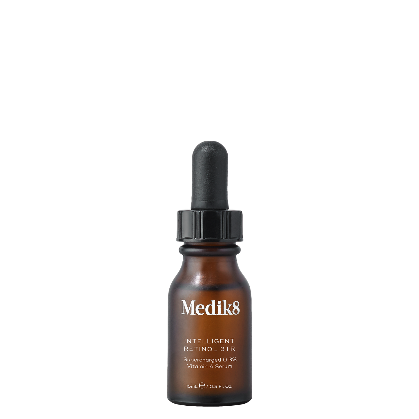 Medik8 Intelligent Retinol 3TR, 15ml amber-tinted bottle with a black dropper cap; supercharged 0.3% Vitamin A serum.