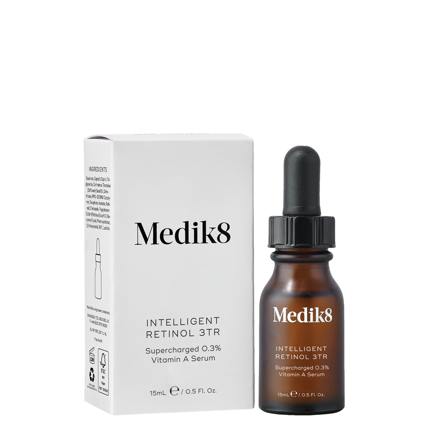 Medik8 Intelligent Retinol 3TR, 15ml amber-tinted bottle with a black dropper cap, and white outer box; supercharged 0.3% Vitamin A serum.