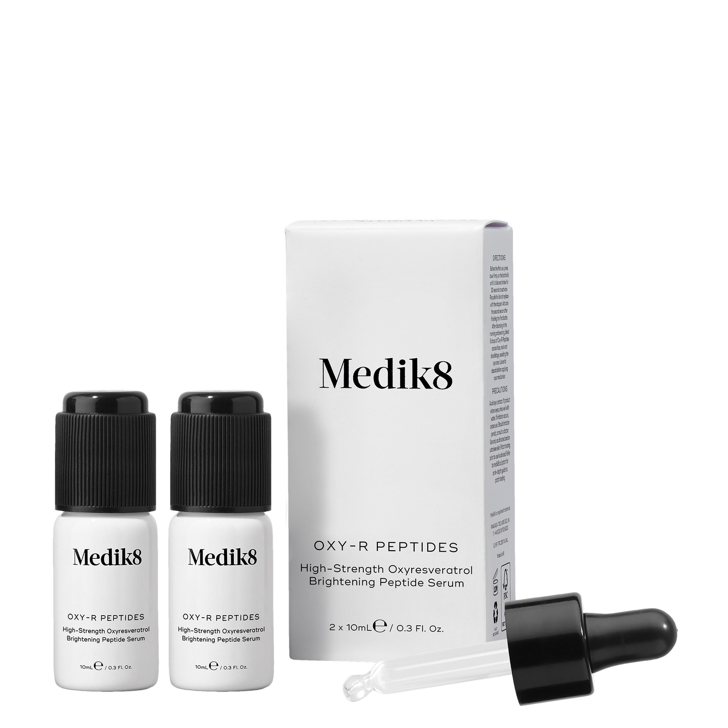 Medik8 Oxy-R Peptides, two 10ml frosted glass bottles with black  dropper caps, and white outer box; high-strength Oxyresveratrol brightening peptide serum. 