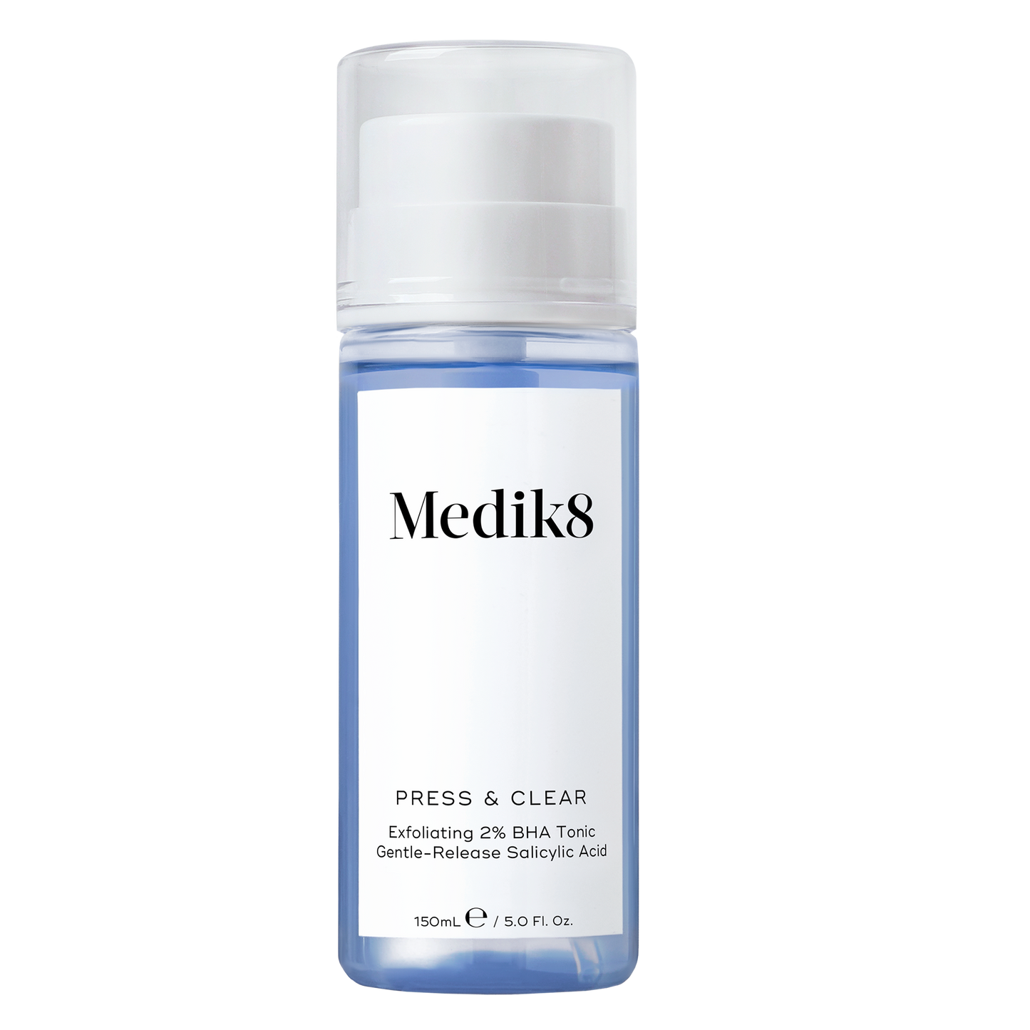 Medik8 Press and Clear 150ml: Blue cylindrical bottle with white pump; Exfoliating 2% BHA Tonic, Gentle-Release Salicylic Acid.