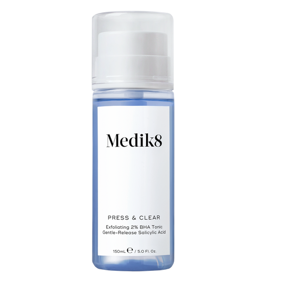 Medik8 Press and Clear 150ml: Blue cylindrical bottle with white pump; Exfoliating 2% BHA Tonic, Gentle-Release Salicylic Acid.