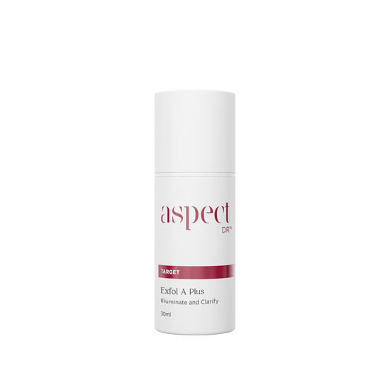 New Aspect Dr  Exfol A Plus in white 30 ml bottle, with burgundy accent and branding, and white cap.