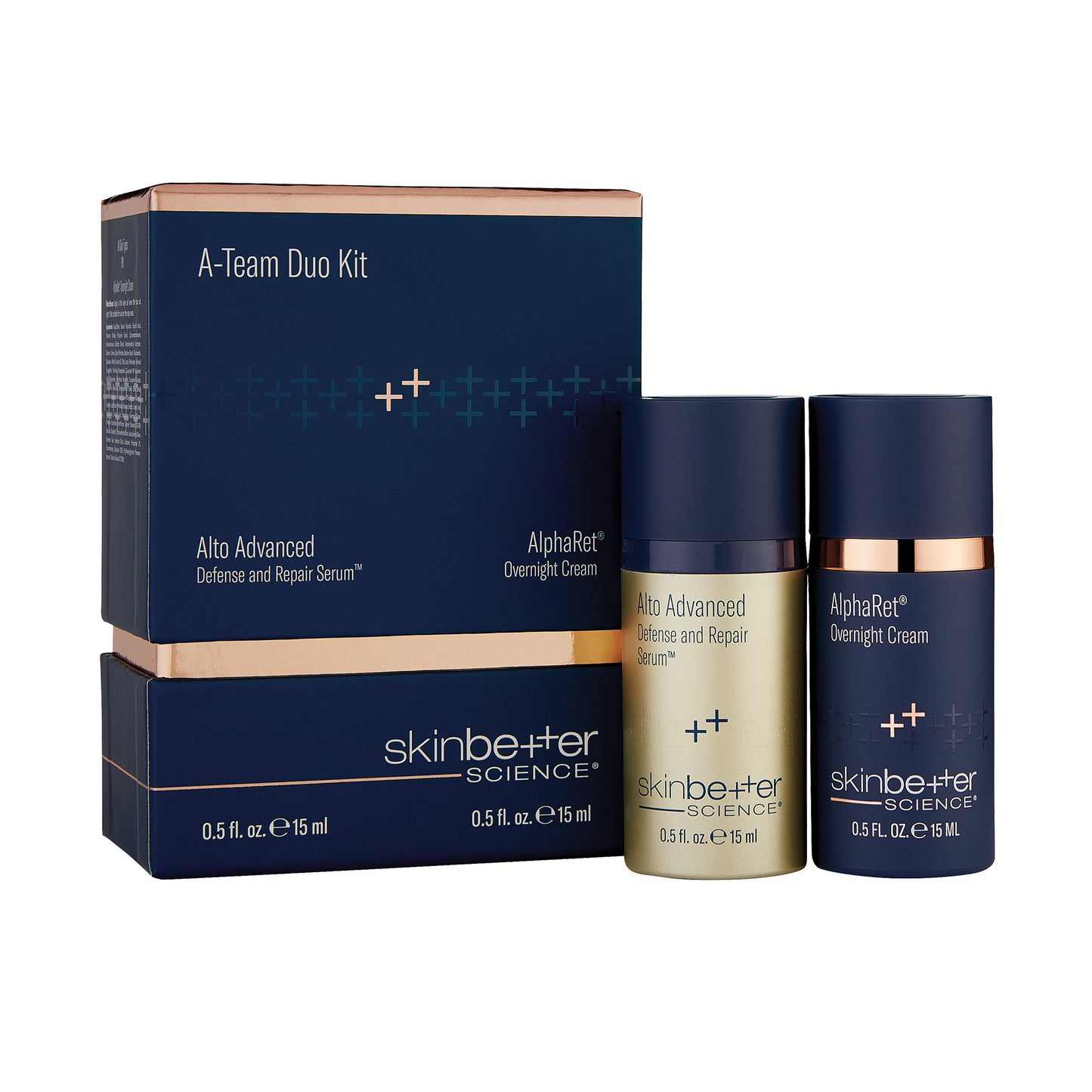 The Skinbetter Science A-Team Duo Kit includes 15ml bottles of Alto Defense Serum in gold with a navy cap and AlphaRet Cream in navy with a matching cap, presented in a navy box with rose gold accents.