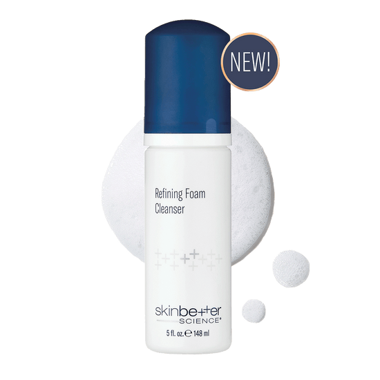 SkinBetter Science refining foam cleanser new product in white bottle with blue cap