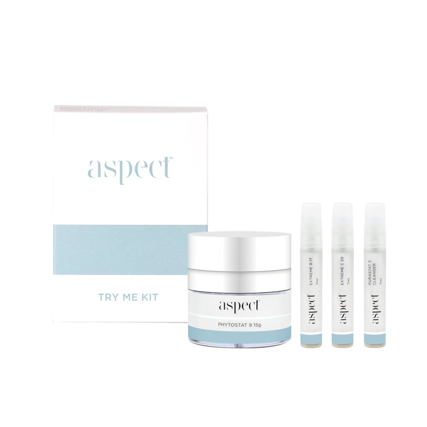 Aspect Try Me Kit: Travel-sized white box containing Purastat 5 Cleanser (7ml), Extreme C 20 (7ml), Extreme B 17 (7ml), and Phytostat 9 (15g); perfect for sampling Aspect's core products.