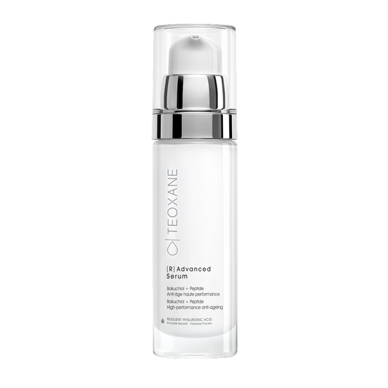 Teoxane R Advanced Serum in white bottle with silver detail