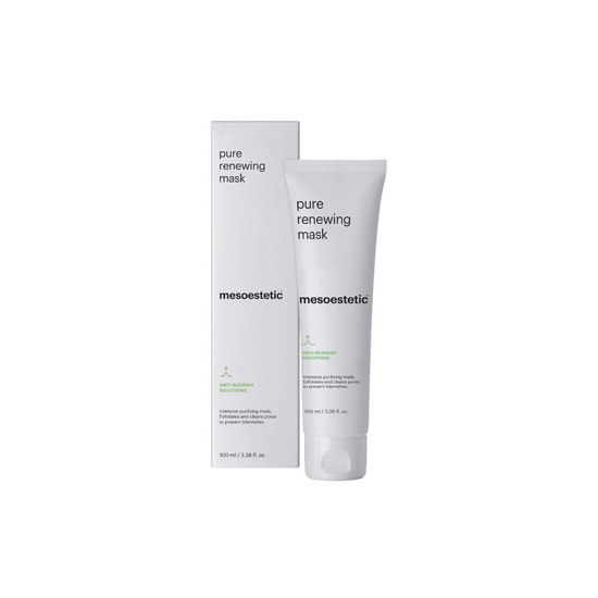 Mesoestetic Pure Renewing Mask 100ml: White tube with green text, and white outer box; anti-blemish solutions, exfoliating and purifying mask.