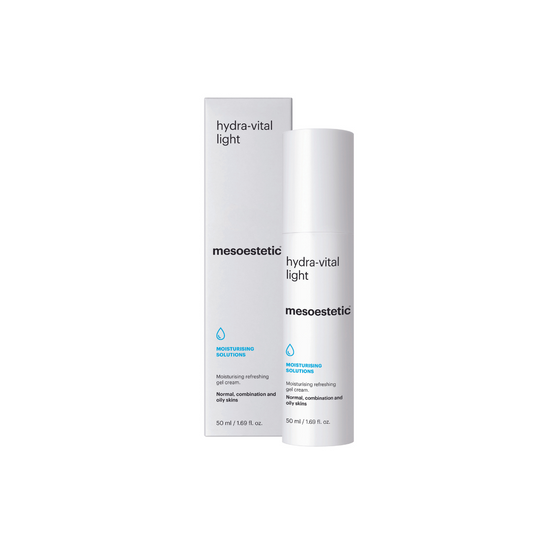 Mesoestetic Hydra-Vital Light, 50ml white cylindrical bottle with blue branding, and white outer box; moisturising refreshing gel cream. For normal. combination and oily skin. 