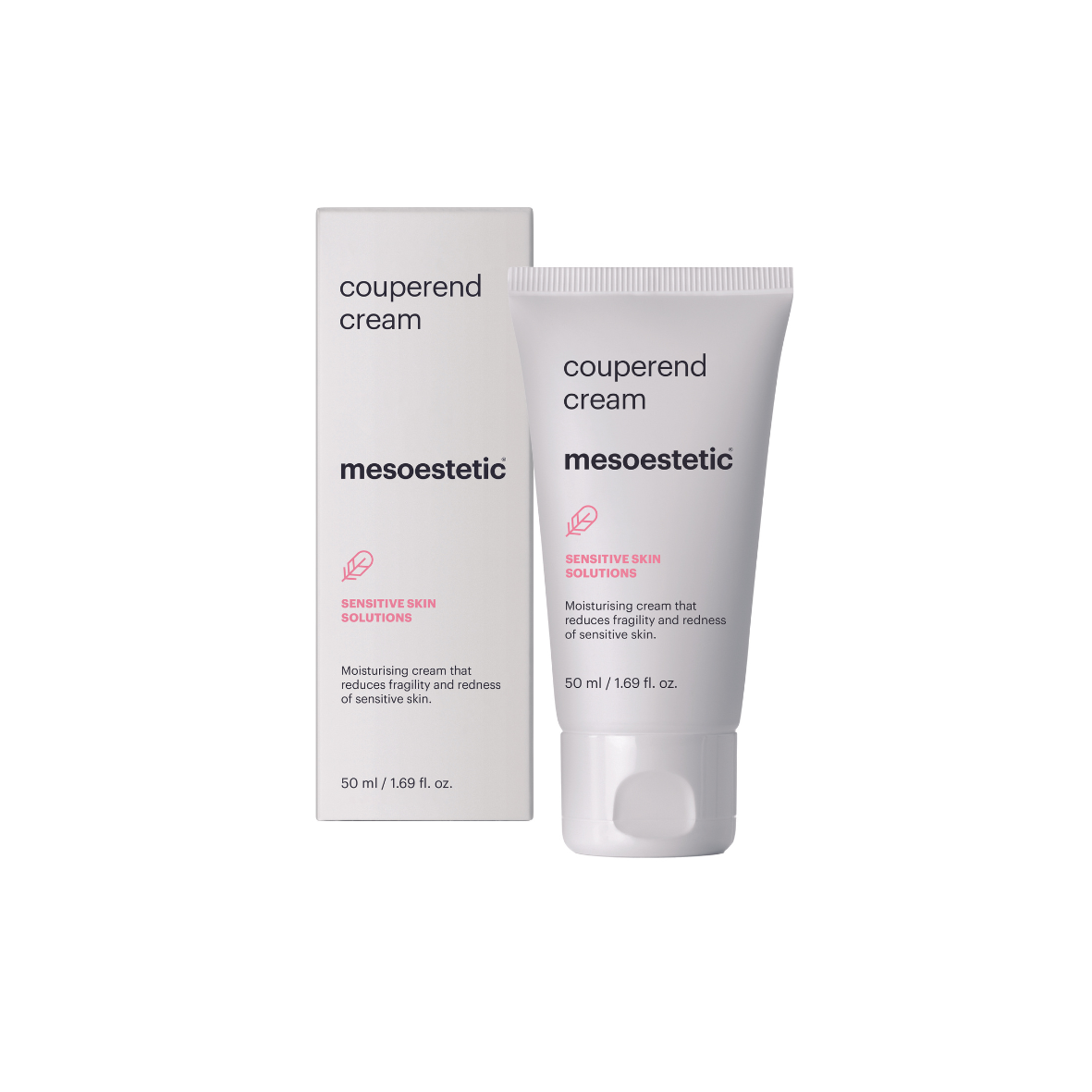 Mesoestetic Couperend Cream in 50ml matte white tube with white outer box.