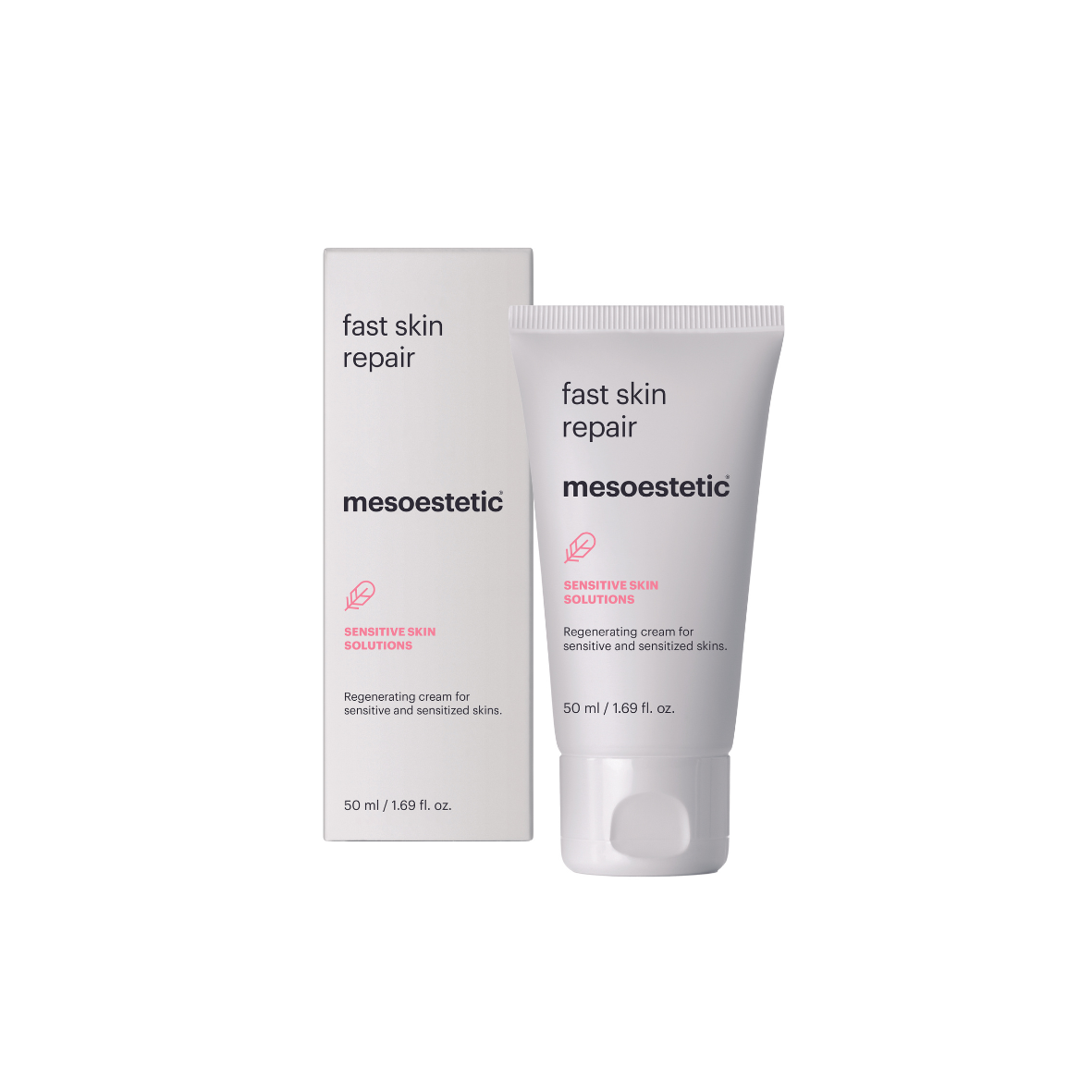 Mesoestetic Fast Skin Repair, 50ml white tube with pink accents and white outer box, regenerating cream for sensitive and sensitized skins.