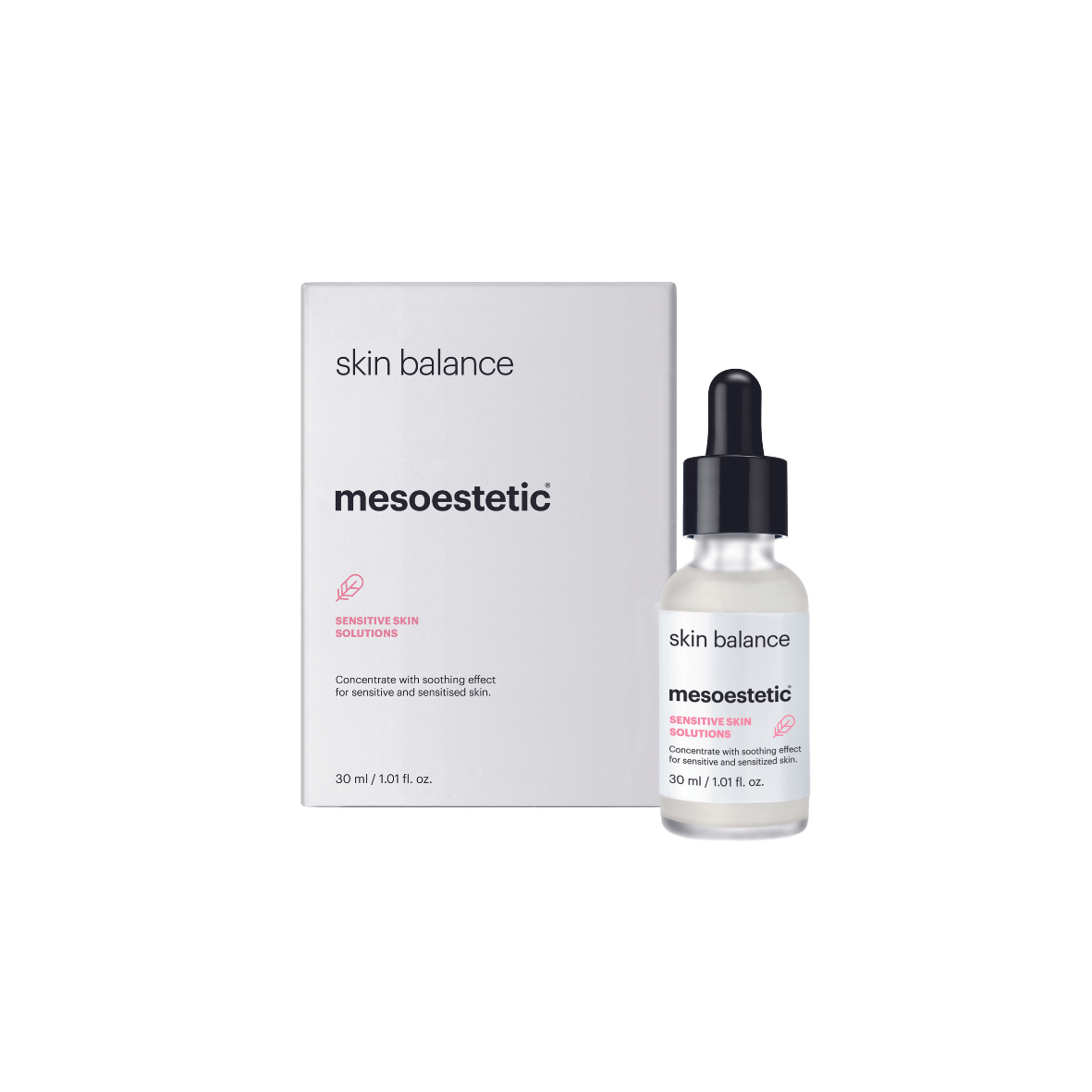 Mesoestetic Skin Balance 30ml: frosted glass bottle with black dropper cap, and white outer box; concentrate with soothing effect for sensitive and sensitised skin.