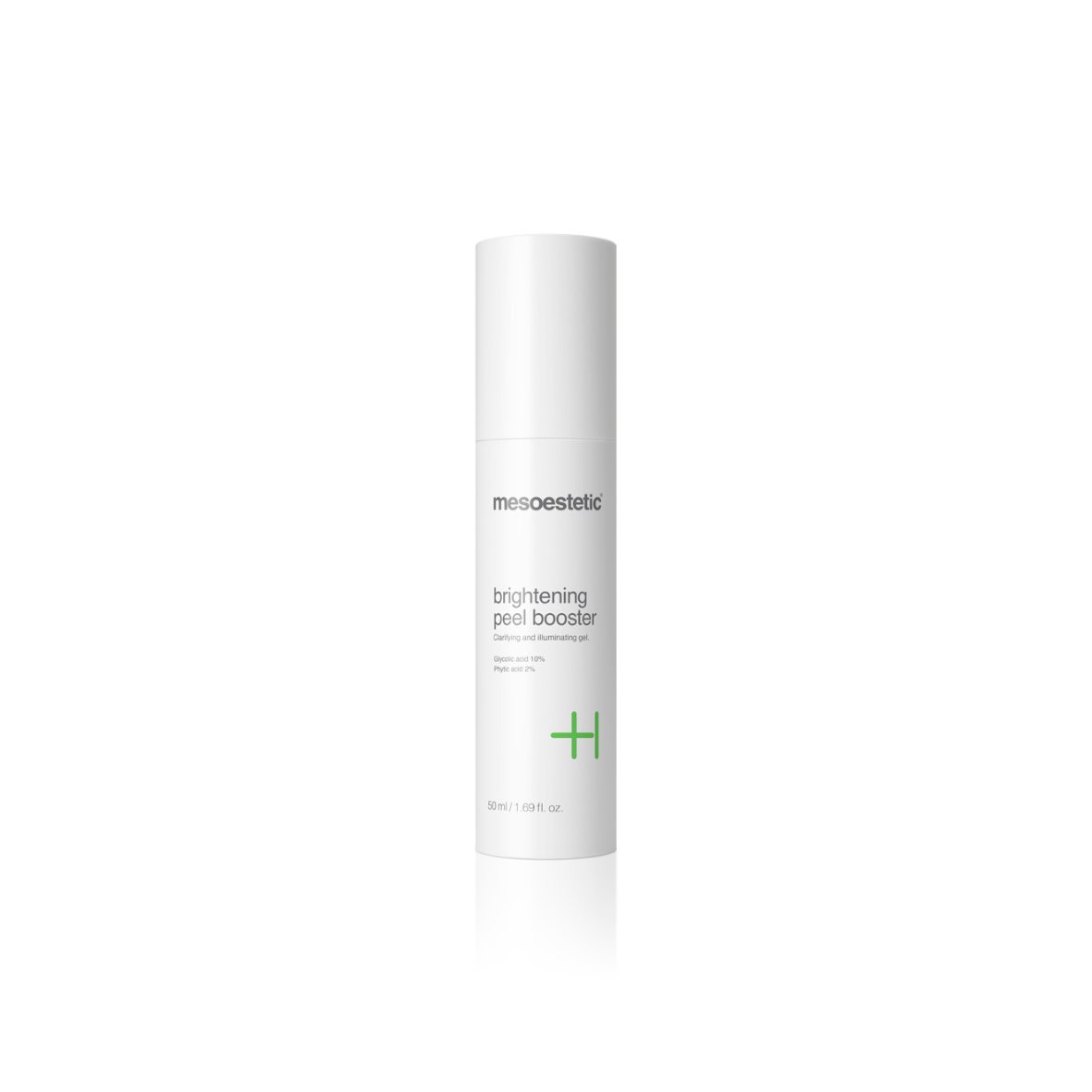 Mesoestetic Brightening Peel Booster 50ml: White cylindrical bottle with a pump dispenser, clarifying and illuminating gel.